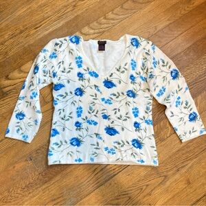 Vintage Blue and White Floral Baby Doll Fit Sweater
